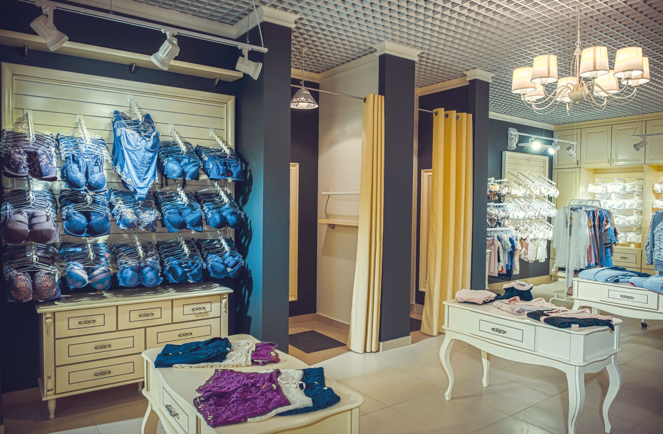 interior of a colorful modern underwear shop. Female mannequin i