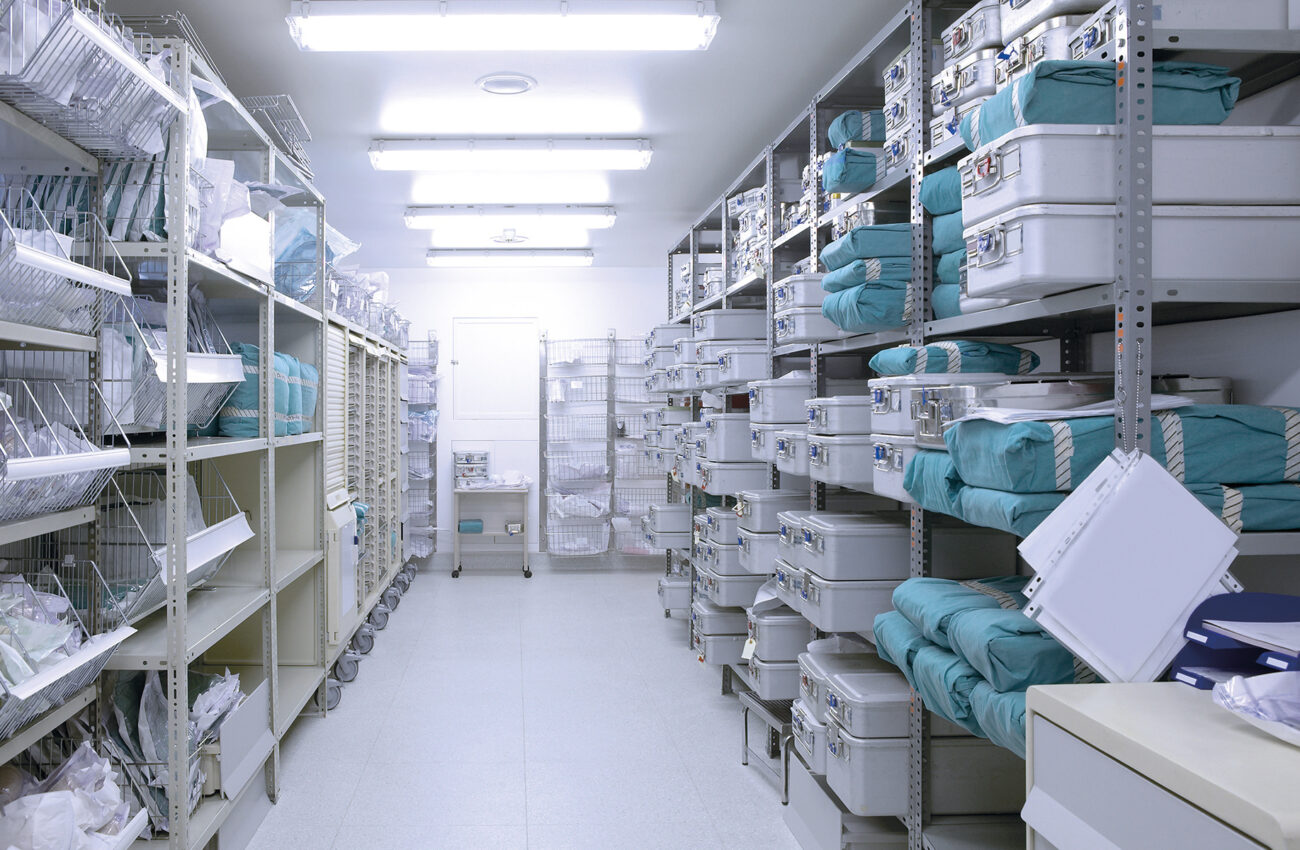 Hospital indoor storage room. Health center repository